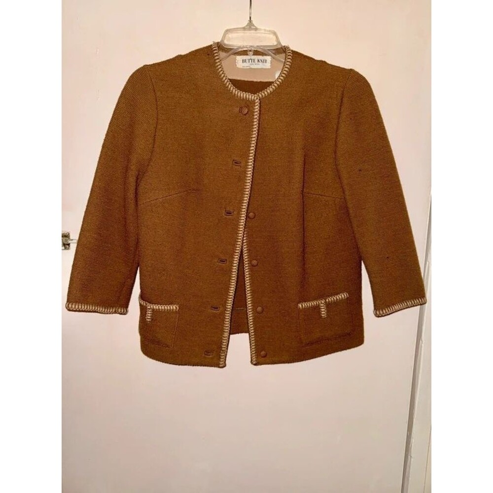 Vintage 60s Butte Knit 100% Wool Brown Whipstitch Jacket Size 8